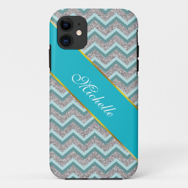 Silver Glitter and Teal ZigZag Case-Mate iPhone Case (Back)