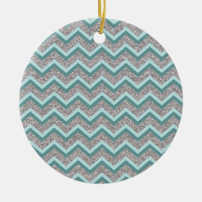 Silver Glitter and Teal ZigZag Ceramic Tree Decoration (Front)
