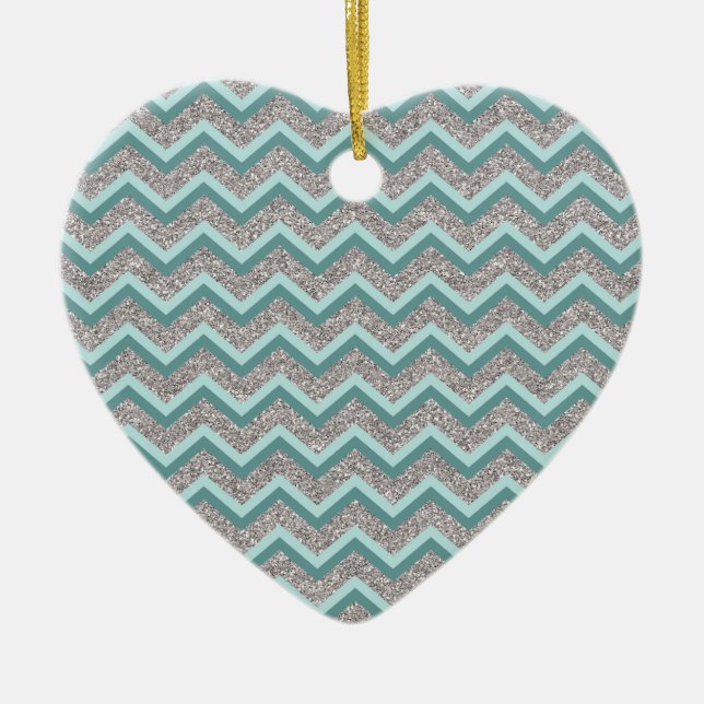 Silver Glitter and Teal ZigZag Ceramic Tree Decoration (Front)