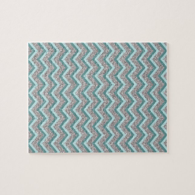 Silver Glitter and Teal ZigZag Jigsaw Puzzle (Horizontal)