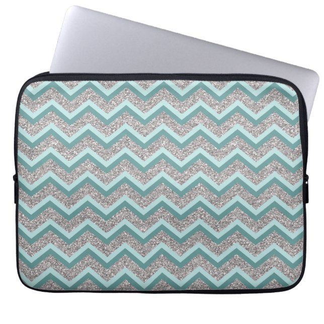Silver Glitter and Teal ZigZag Laptop Sleeve (Front)