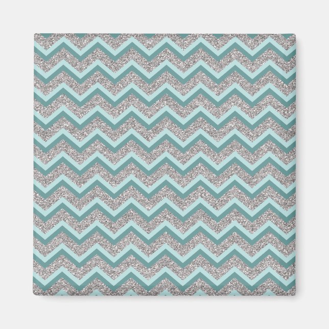 Silver Glitter and Teal ZigZag Magnet (Front)