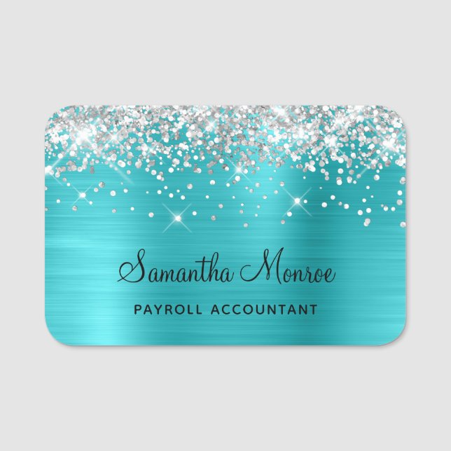 Silver Glitter and Turquoise Blue Foil Name Tag (Front)