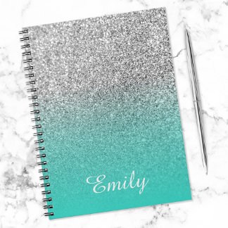 Silver Glitter and Turquoise Ombre Personalised Notebook