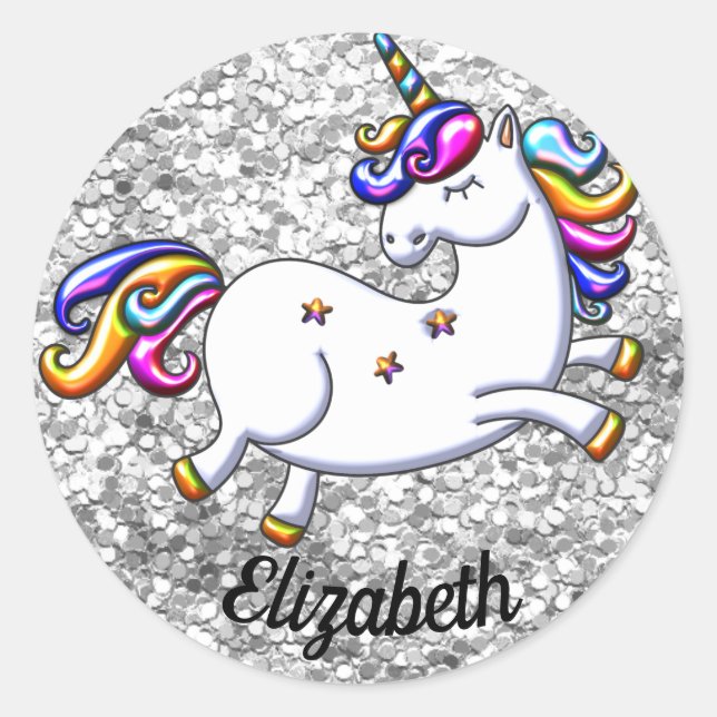 Silver Glitter and Unicorn Classic Round Sticker (Front)