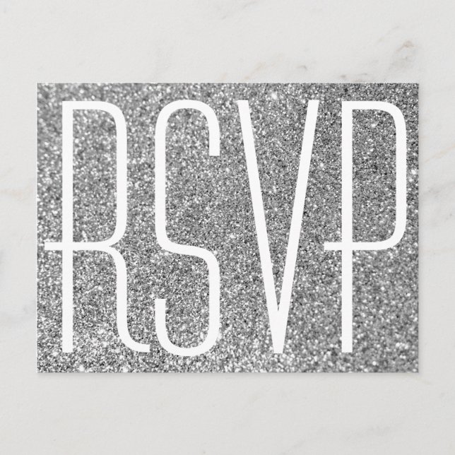 Silver Glitter and White RSVP Invitation Postcard (Front)