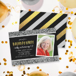 Silver Glitter Any Age Photo Birthday Invitation<br><div class="desc">Silver Glitter Photo Birthday Party Invitation features the words "Birthday Party" in a fun sans serif font in faux gold foil with a silver glitter top and bottom and a black centre background. Invitation has a grey, black and faux gold foil stripes pattern back side. Personalise it by replacing the...</div>