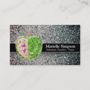 Silver Glitter Apple Substitute Teacher Tutor MUA Business Card