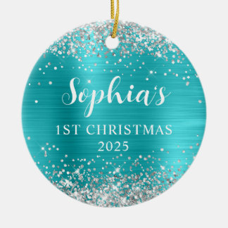 Silver Glitter Aqua Blue Foil 1st Christmas Photo Ceramic Tree Decoration
