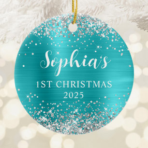 Silver Glitter Aqua Blue Foil 1st Christmas Photo Ceramic Tree Decoration
