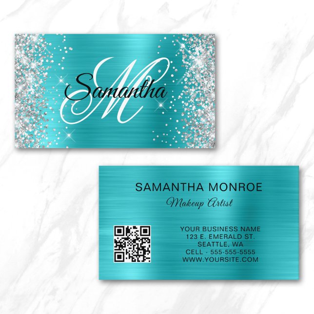Silver Glitter Aqua Blue Foil Monogram QR Code Business Card (Silver Glitter Aqua Blue Foil Monogram QR Code Business Card)