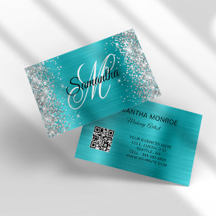 Silver Glitter Aqua Blue Foil Monogram QR Code Business Card