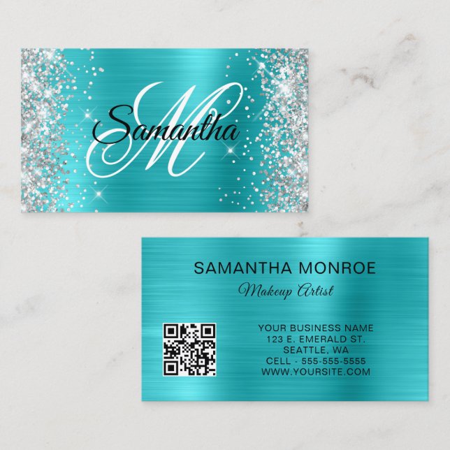 Silver Glitter Aqua Blue Foil Monogram QR Code Business Card (Front/Back)