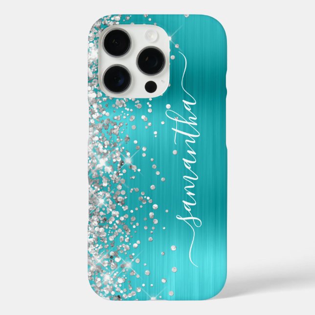 Silver Glitter Aqua Blue Metallic Girly Signature Case-Mate iPhone Case (Back)