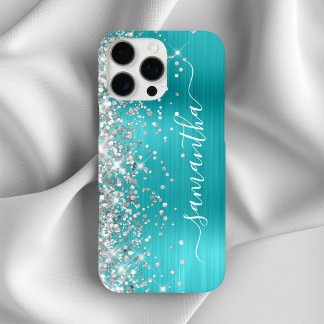 Silver Glitter Aqua Blue Metallic Girly Signature iPhone 16 Pro Max Case