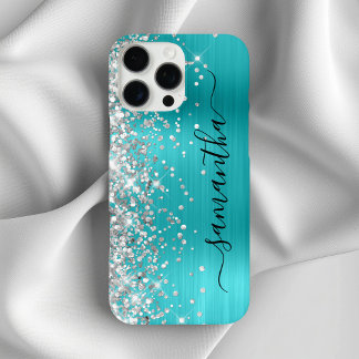 Silver Glitter Aqua Blue Metallic Girly Signature iPhone 16 Pro Max Case