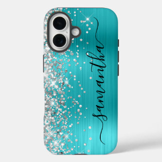 Silver Glitter Aqua Blue Metallic Girly Signature iPhone 16 Case