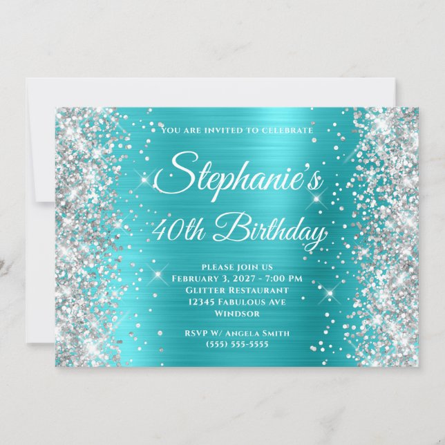 Silver Glitter Aqua Blue Monogram 40th Birthday Invitation (Front)