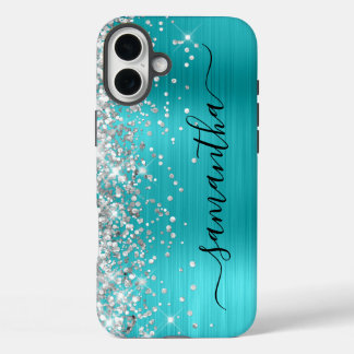 Silver Glitter Aqua Metallic Girly Black Signature iPhone 16 Plus Case