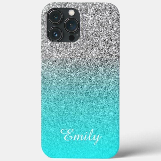 Silver Glitter Aqua Ombre Personalised Case-Mate iPhone Case (Back)