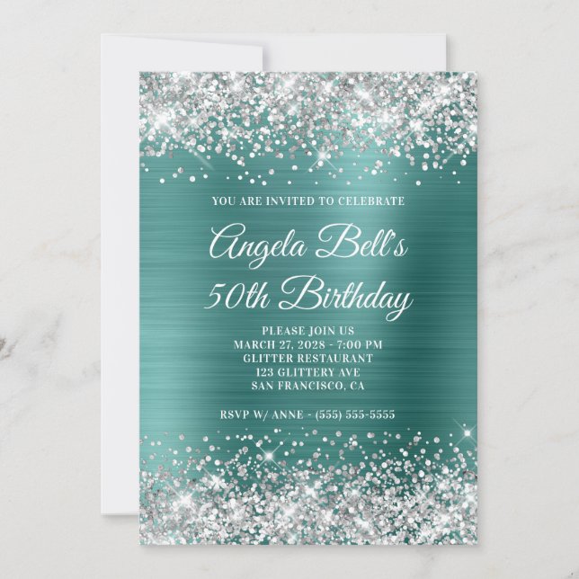 Silver Glitter Aqua Teal Foil 50th Birthday Invitation (Front)