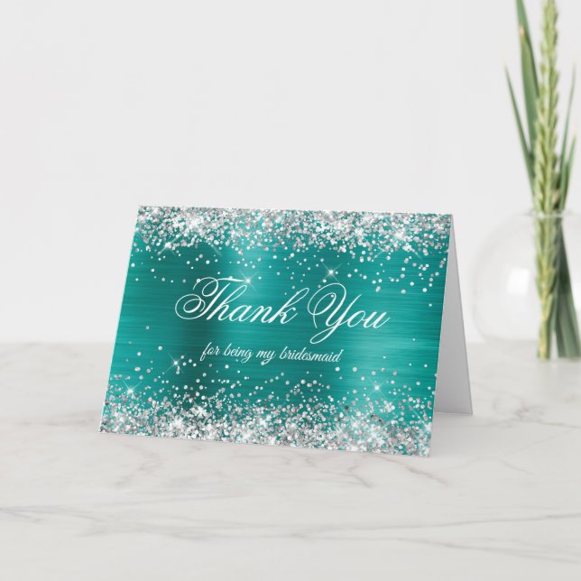 Silver Glitter Aqua Teal Foil Bridesmaid Thank You Card (Front)