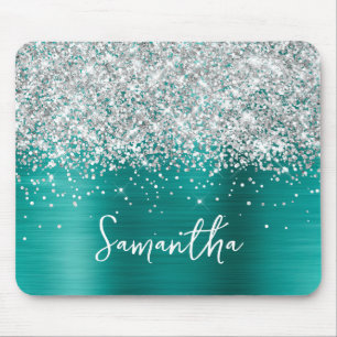 Silver Glitter Aqua Teal Glam Name Mouse Mat