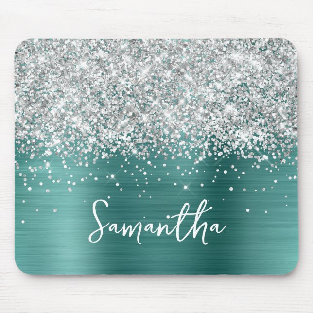 Silver Glitter Aqua Teal Glam Name Mouse Mat (Front)