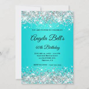 Silver Glitter Aqua Turquoise Ombre Fancy Monogram Invitation