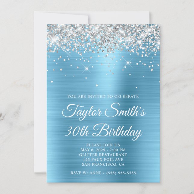 Silver Glitter Baby Blue Glam 30th Birthday Invitation (Front)