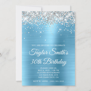 Silver Glitter Baby Blue Glam 30th Birthday Invitation