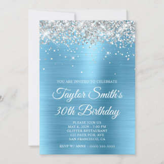 Silver Glitter Baby Blue Glam 30th Birthday Invitation