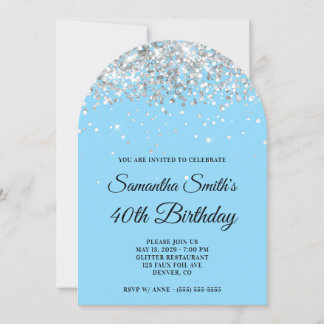 Silver Glitter Baby Blue Photo 40th Birthday Invitation