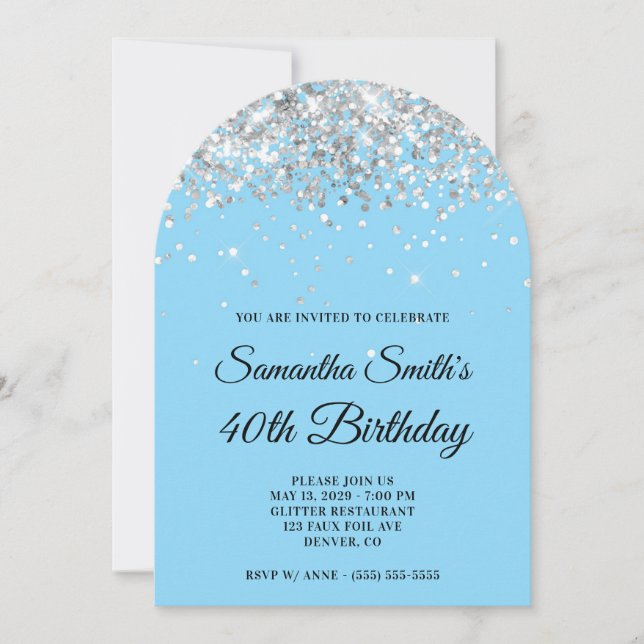 Silver Glitter Baby Blue Photo 40th Birthday Invitation (Front)