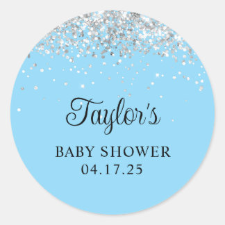 Silver Glitter Baby Blue Shower Classic Round Sticker
