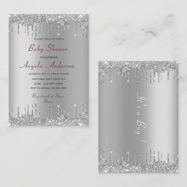 Silver Glitter Baby Boy Shower Invitation Card (Front/Back)
