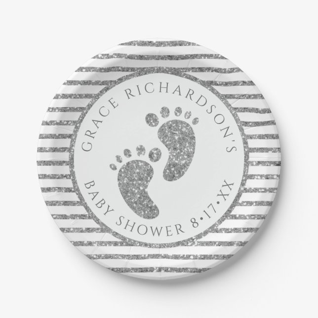 Silver Glitter Baby Feet Baby Shower Personalised  Paper Plate (Front)