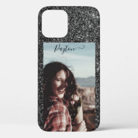 Silver Glitter Background Custom Name Photo Black