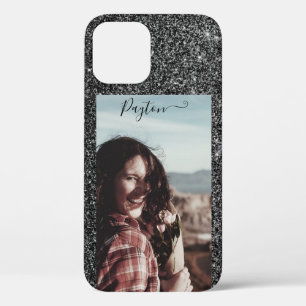 Silver Glitter Background Custom Name Photo Black iPhone 12 Case