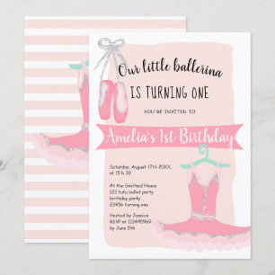 Silver glitter ballerina tutu 1st birthday party invitation