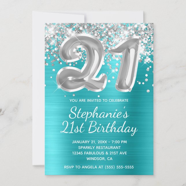 Silver Glitter Balloon Turquoise 21st Birthday Invitation (Front)