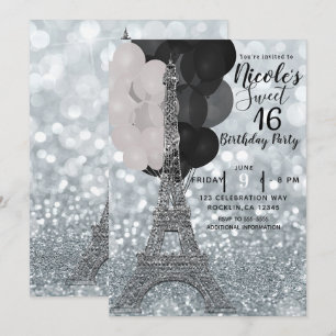 Silver Glitter Balloons Eiffel Tower Sweet 16 Chic Invitation