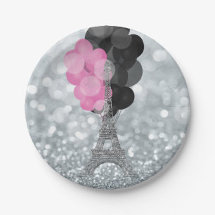 Silver Glitter & Balloons Paris Eiffel Tower Party Paper Plate