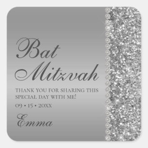 Silver Glitter Bat Mitzvah Square Sticker