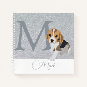 Silver Glitter Beagle Dog Lovers Custom Monogram Notebook