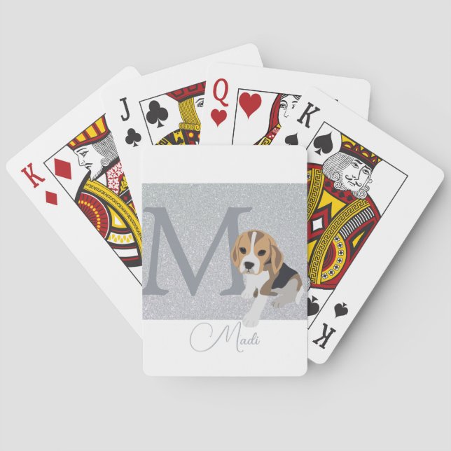 Silver Glitter Beagle Dog Lovers Personalised Name Playing Cards (Back)
