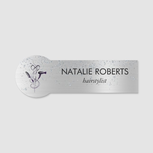 Silver Glitter Beauty Salon Name Tag (Front)