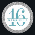 Silver Glitter Birthday Favour Sticker Label<br><div class="desc">Silver Glitter with rich dark teal customisable birthday age and name text. Great accent for elegant and modern birthday celebrations, anniversary, sweet sixteen, 16th birthday parties, Quinceaneras, Bat Mitzvah, baby showers, bridal showers, and weddings. The artwork is a printed image of glitter - no real glitter is used. Visit the...</div>