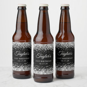 Silver Glitter Black 21st Birthday Beer Bottle Label