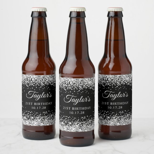 Silver Glitter Black 21st Birthday Beer Bottle Label (Bottles)